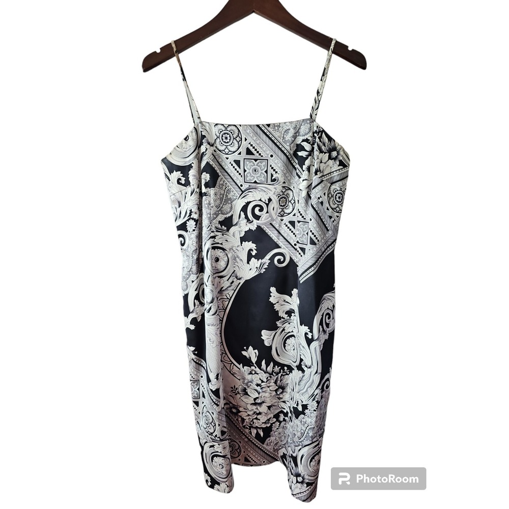 David Meister 90s Y2K Silk Spaghetti Strap Paisley Print Bling Sheath Dress AP01